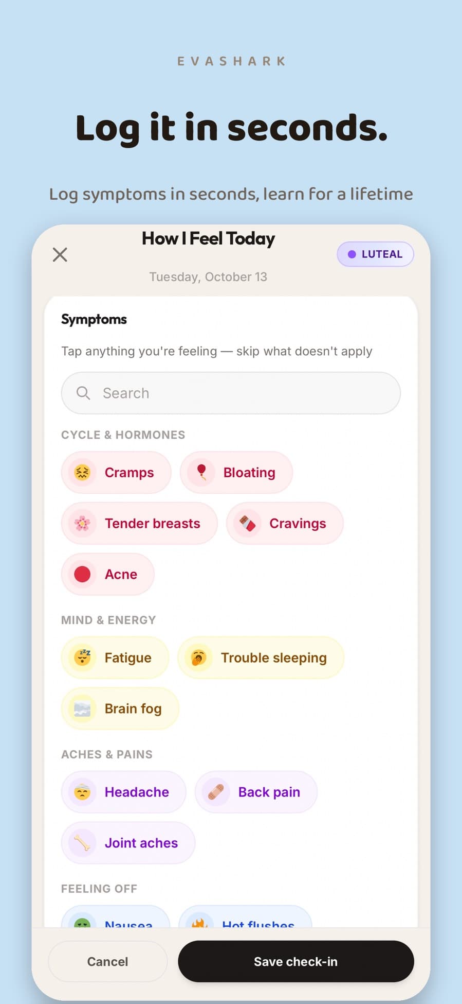 EvaShark symptom logging screen